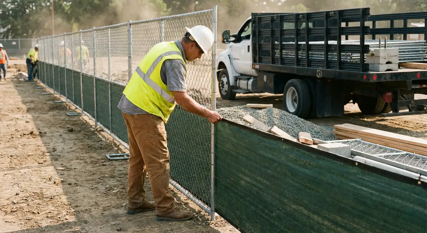 Privacy windscreen installation on construction fence in Gilroy, CA